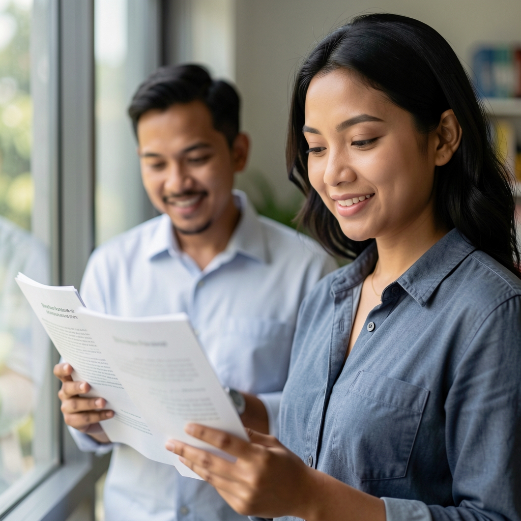 Two diverse Indonesian editors reviewing printed wellness notes beside a window