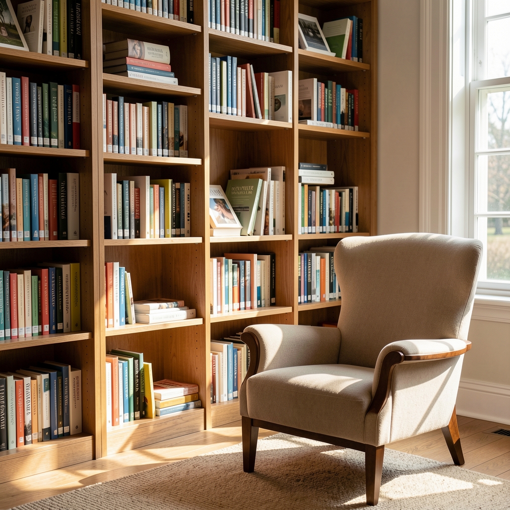 Quiet editorial library shelf with health books and a sunlit reading chair