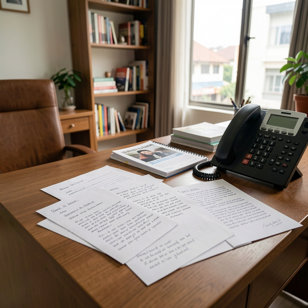 Welcoming editorial desk in Jakarta with handwritten reader letters and a phone