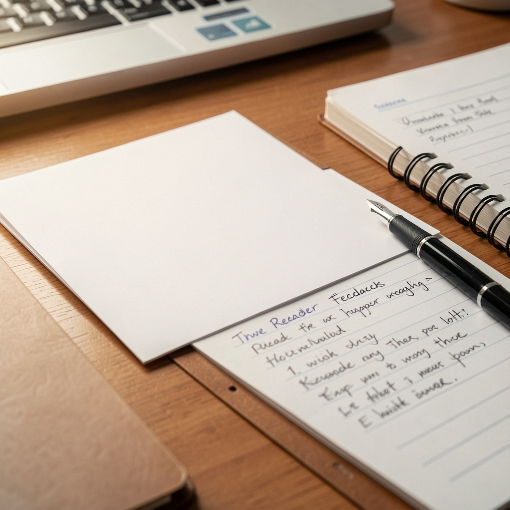 Close view of a reader feedback card, pen, and neatly arranged editorial notes on a desk
