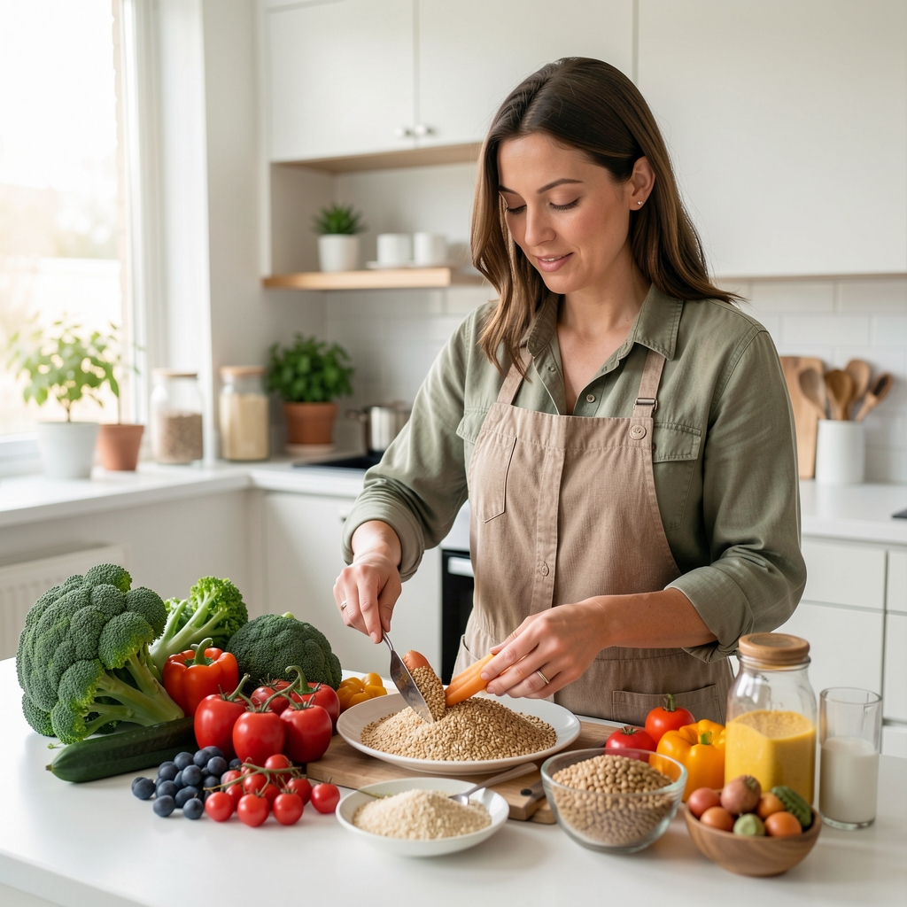 Nutrition educator arranging fresh vegetables and grains for a photo illustrating a balanced meal