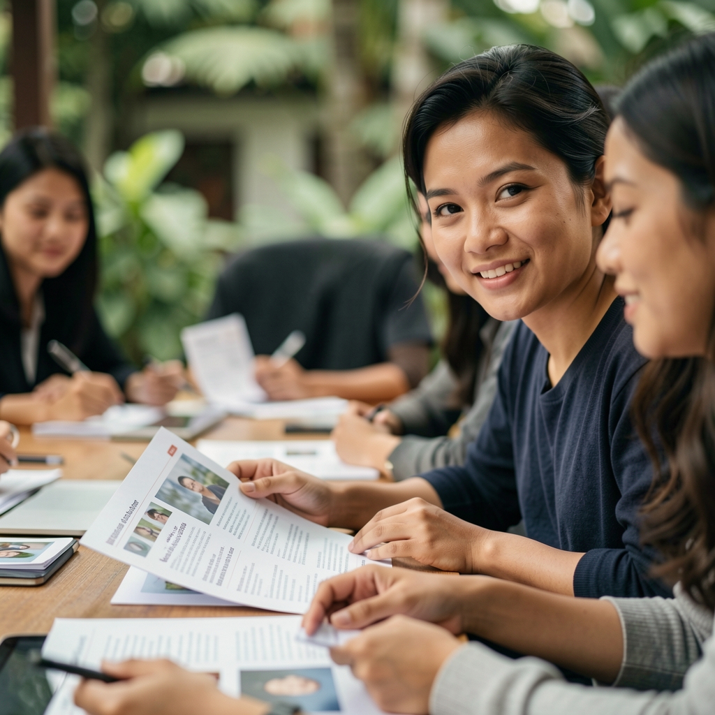 Editorial team reviewing printed wellness articles and research notes at a shared desk in Jakarta