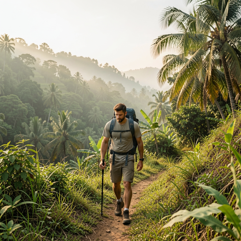 Thoughtful Indonesian man hiking through a quiet tropical hillside at early morning