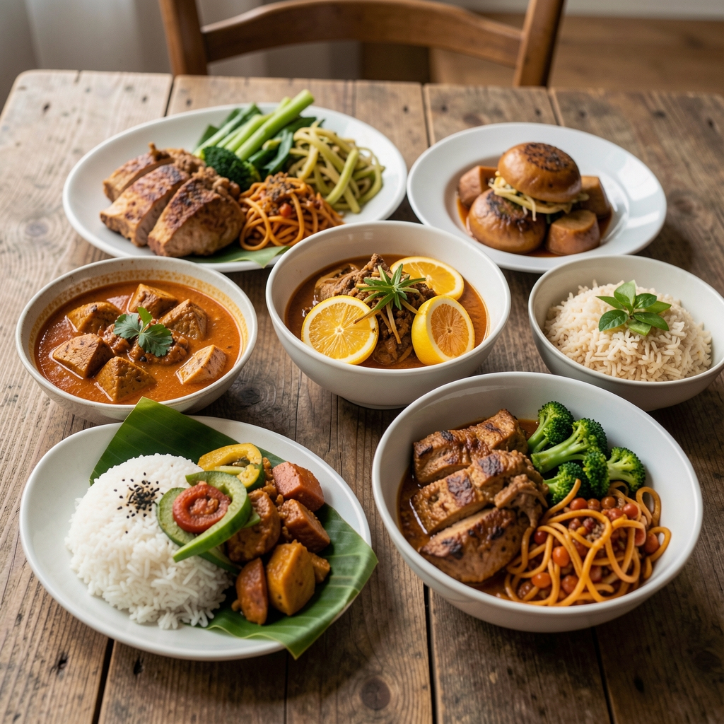 Colorful home-cooked Indonesian meal arranged on a wooden table
