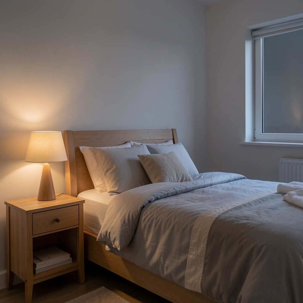Quiet bedroom with linen bedding, open window, and soft dawn light in Jakarta