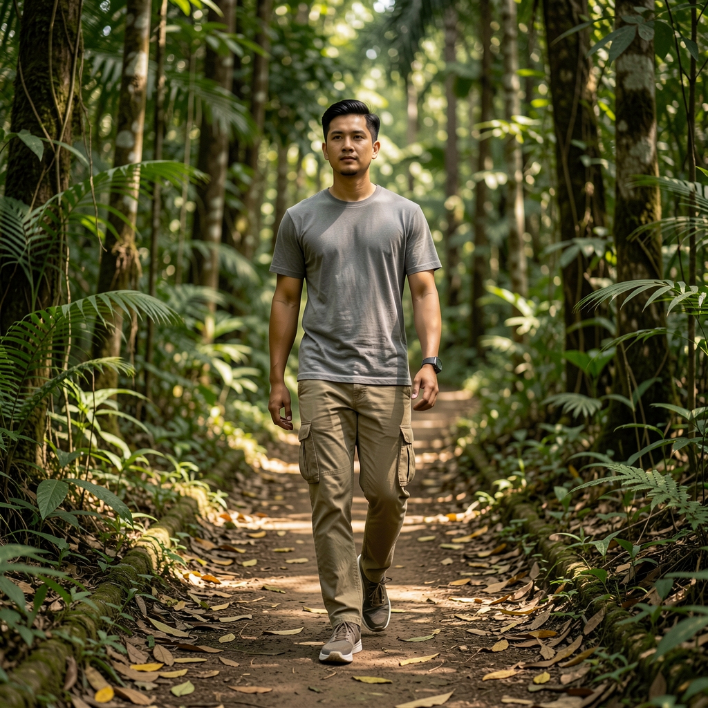 Man walking on a shaded forest trail near Jakarta with comfortable everyday clothing