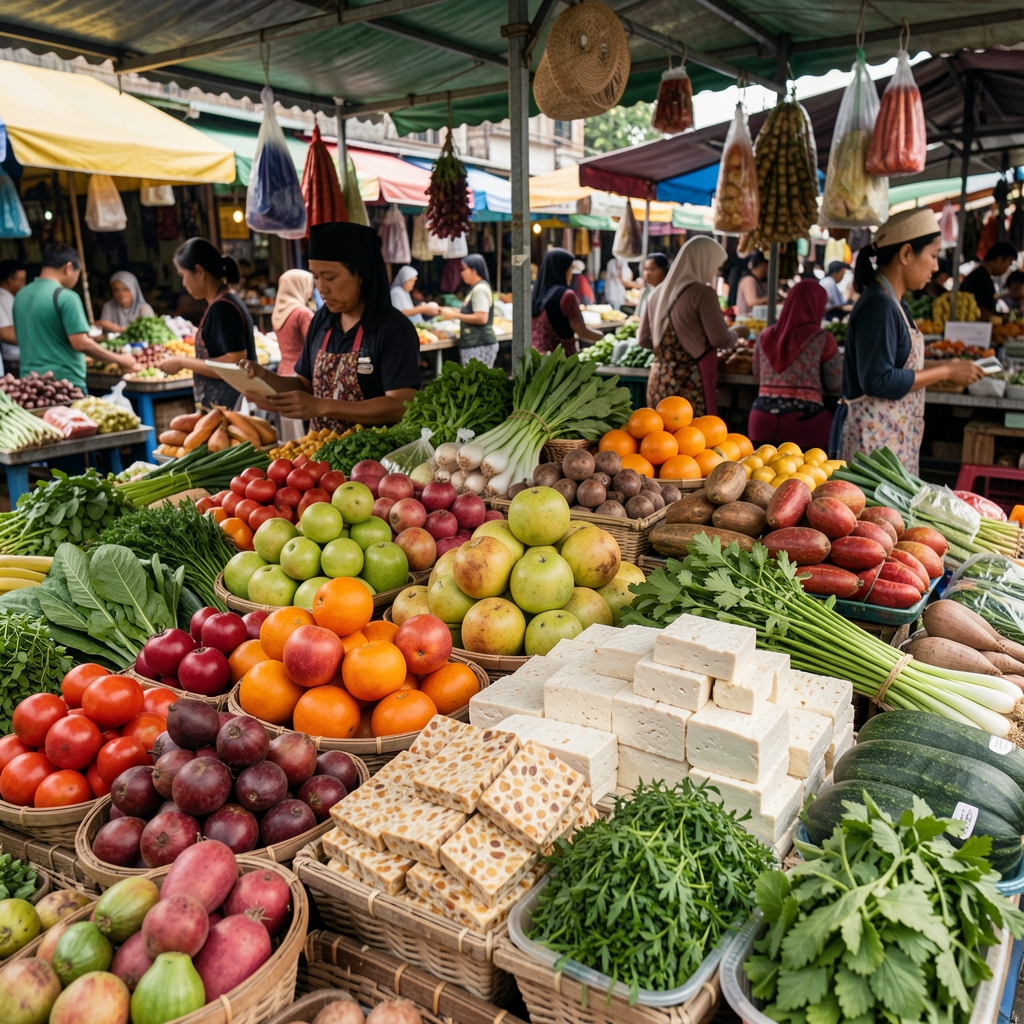 Indonesian market stall displaying colorful vegetables, fruit, tofu, tempeh, and herbs