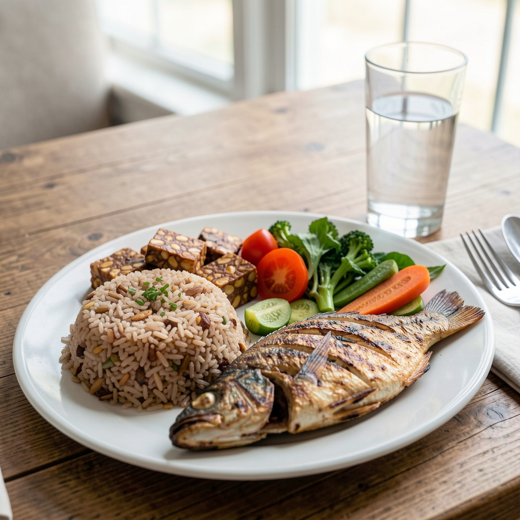 Balanced Indonesian lunch with brown rice, grilled fish, vegetables, tempeh, and water