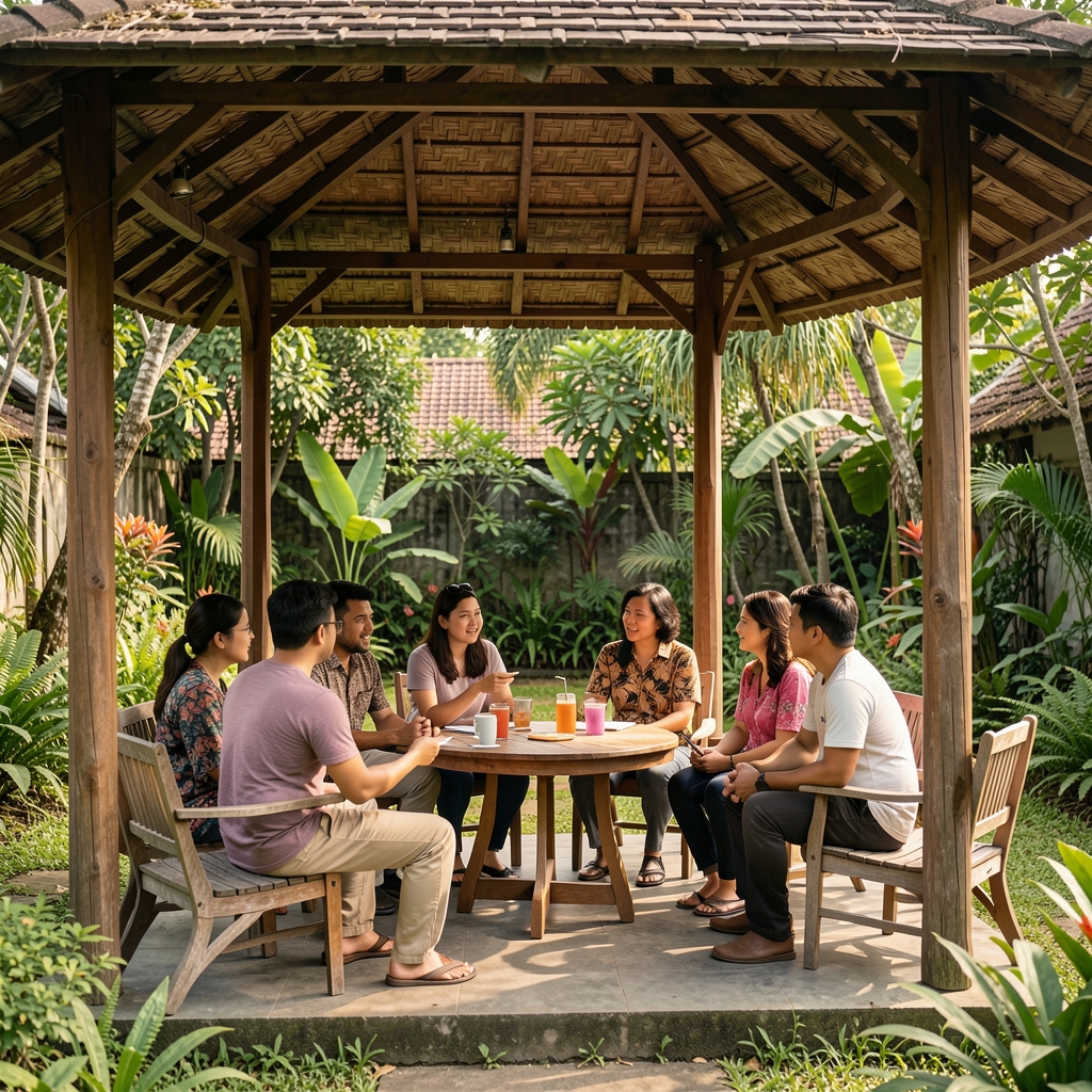 Small community wellness discussion under a shaded Jakarta garden pavilion