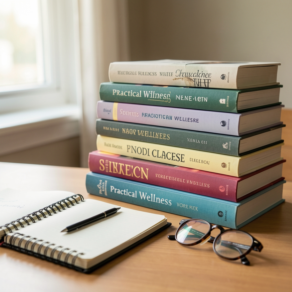 Stack of practical wellness books beside a notebook and reading glasses in soft daylight