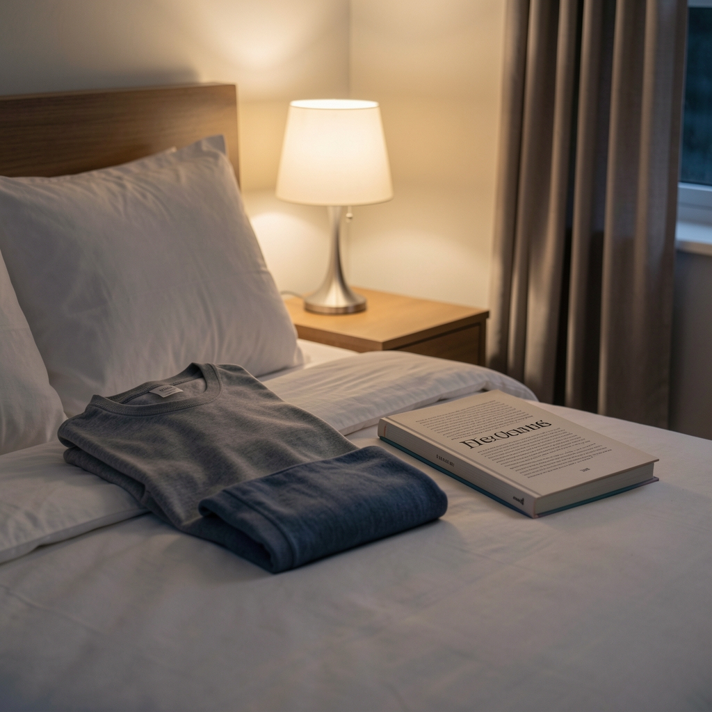 Simple evening routine with folded walking clothes, book, and dim bedside light