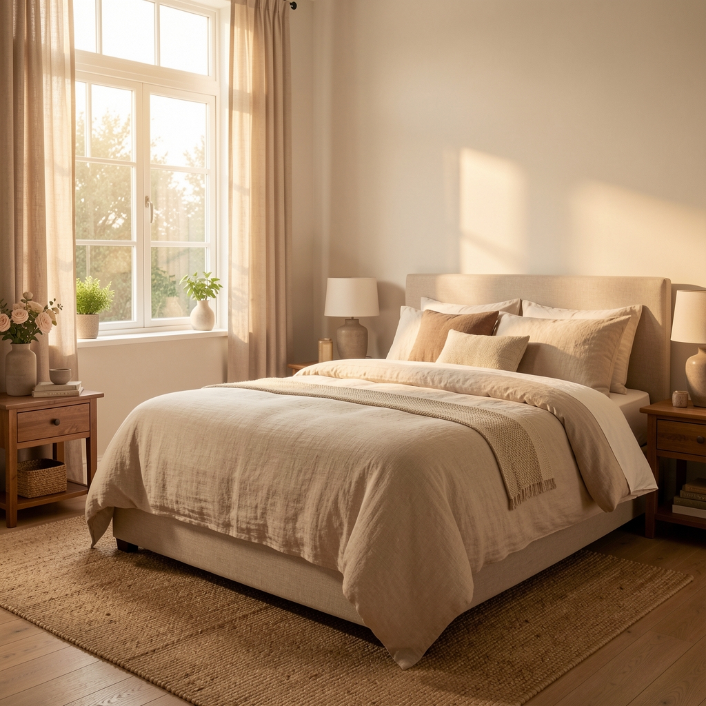 Calm Jakarta bedroom with breathable linen bedding and warm early morning light