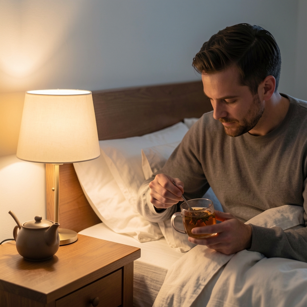 Man preparing herbal tea and turning off a bedside lamp during a quiet evening