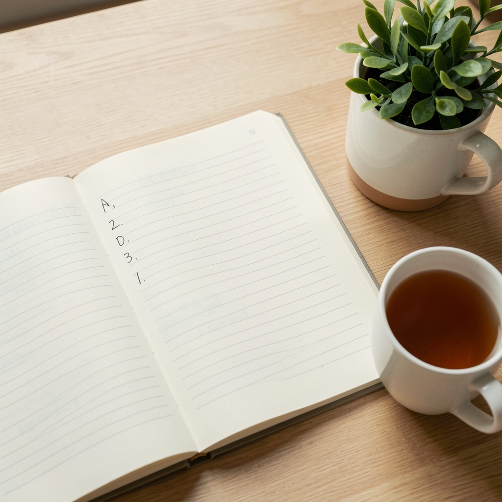 Open journal with a simple daily priorities list beside a cup of tea and plant